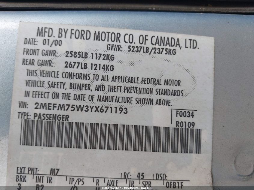 2000 Mercury Grand Marquis Ls VIN: 2MEFM75W3YX671193 Lot: 43522657