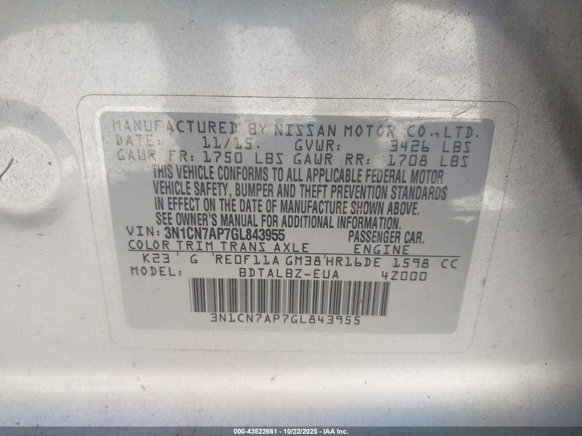 2016 NISSAN VERSA 1.6 SV - 3N1CN7AP7GL843955