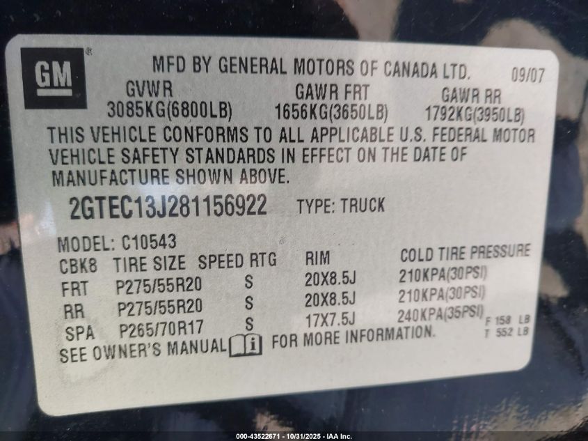 2008 GMC Sierra 1500 Sle1 VIN: 2GTEC13J281156922 Lot: 43522671