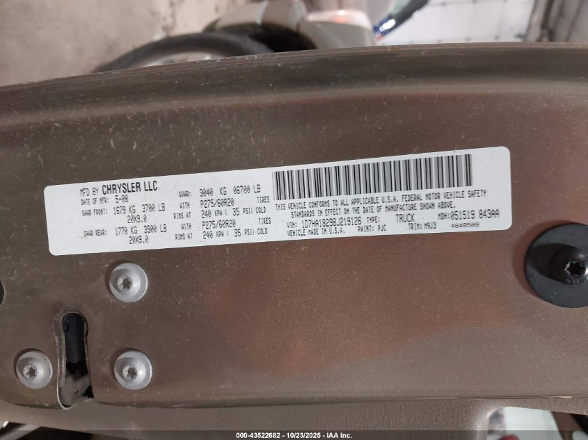 2008 Dodge Ram 1500 Slt VIN: 1D7HA18298J219126 Lot: 43522682