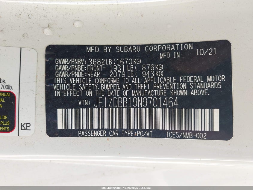2022 Subaru Brz Premium VIN: JF1ZDBB19N9701464 Lot: 43522680