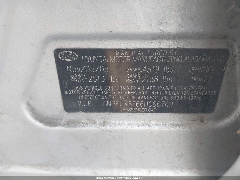 2006 Hyundai Sonata Gls V6/Lx V6 VIN: 5NPEU46F66H066769 Lot: 43522732
