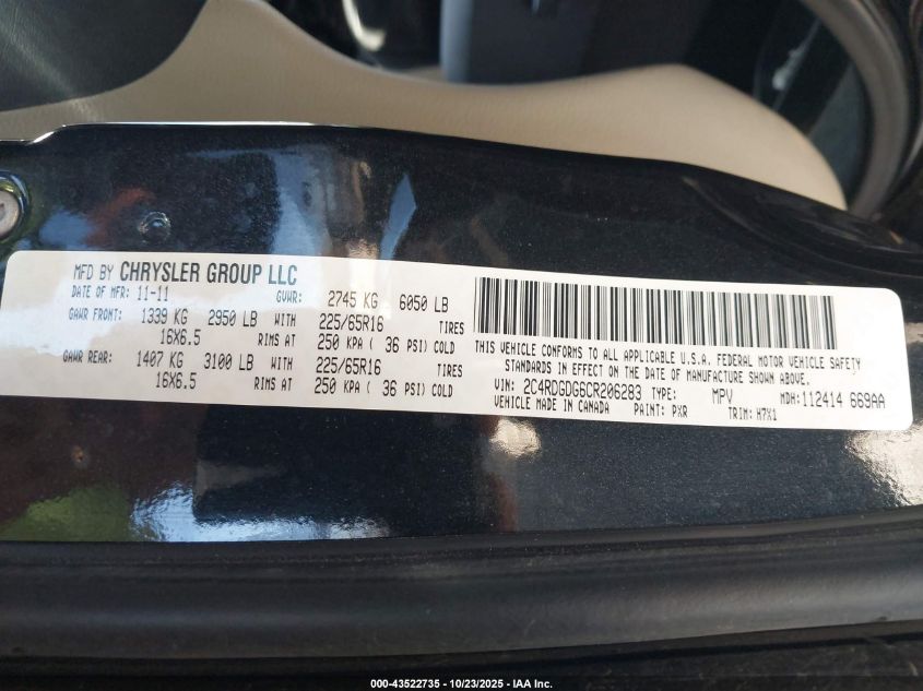 2012 Dodge Grand Caravan Crew VIN: 2C4RDGDG6CR206283 Lot: 43522735