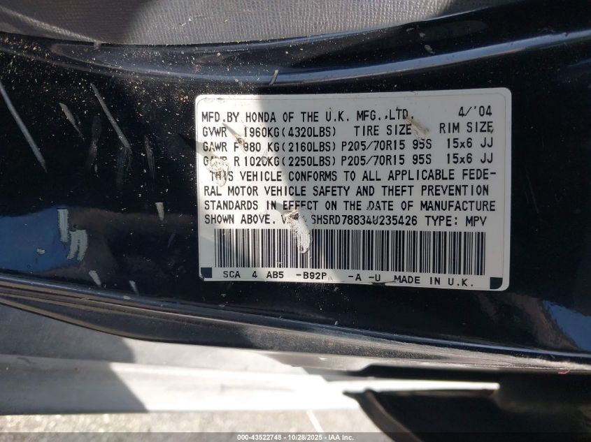 2004 Honda Cr-V Ex VIN: SHSRD78834U235426 Lot: 43522748