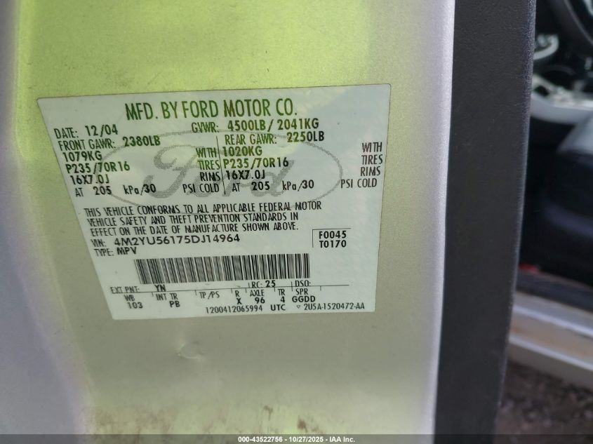2005 Mercury Mariner Luxury/Premier VIN: 4M2YU56175DJ14964 Lot: 43522756