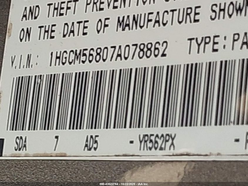 2007 Honda Accord 2.4 Ex VIN: 1HGCM56807A078862 Lot: 43522764
