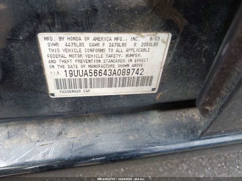 2003 Acura Tl 3.2 VIN: 19UUA56643A089742 Lot: 43522791