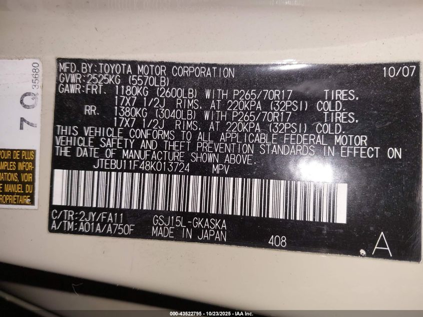 2008 Toyota Fj Cruiser VIN: JTEBU11F48K013724 Lot: 43522795