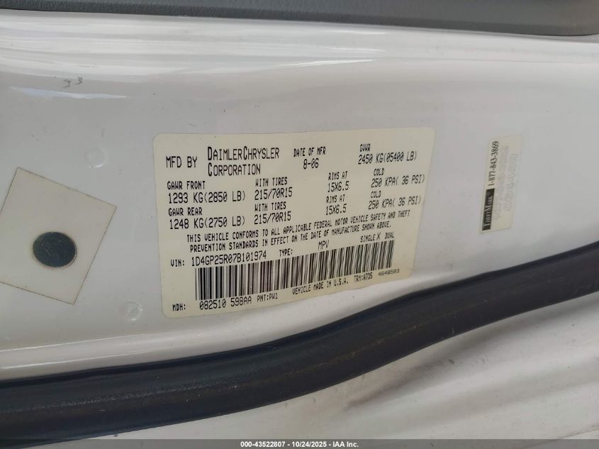 2007 Dodge Caravan Se VIN: 1D4GP25R07B101974 Lot: 43522807