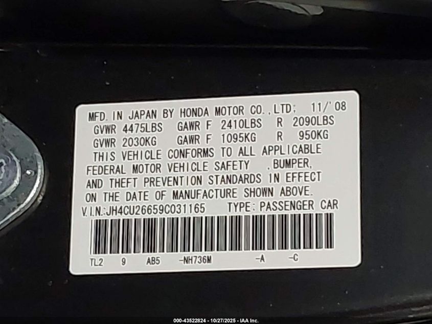 2009 Acura Tsx VIN: JH4CU26659C031165 Lot: 43522824