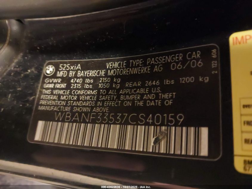 2007 BMW 525Xi VIN: WBANF33537CS40159 Lot: 43522836