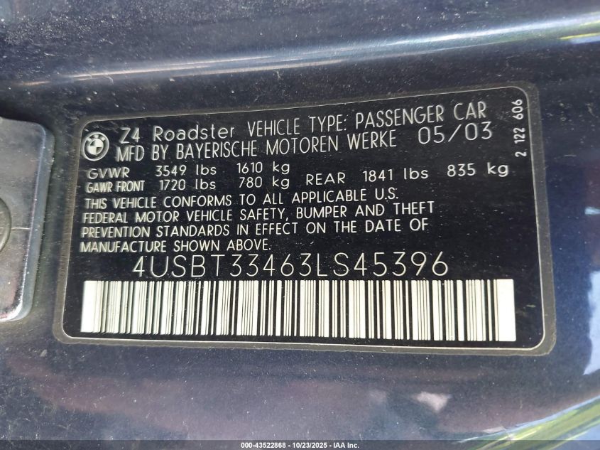 2003 BMW Z4 2.5I VIN: 4USBT33463LS45396 Lot: 43522868