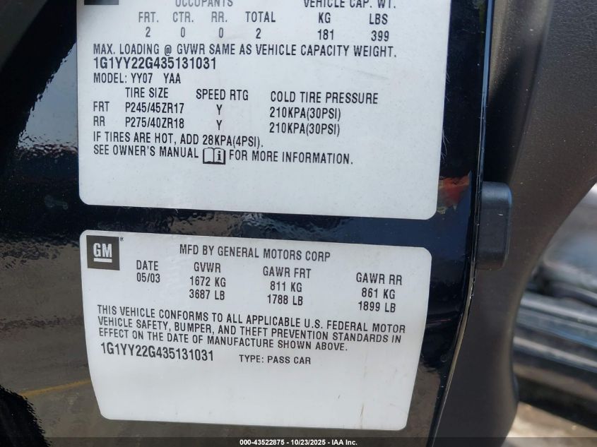 2003 Chevrolet Corvette VIN: 1G1YY22G435131031 Lot: 43522875