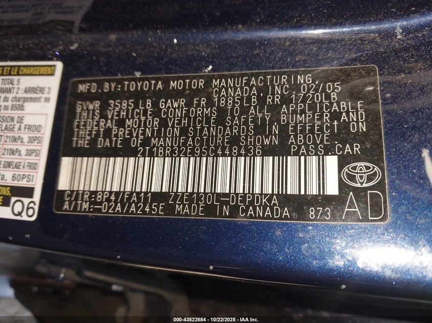 2T1BR32E95C448436 2005 TOYOTA COROLLA photo no. 9