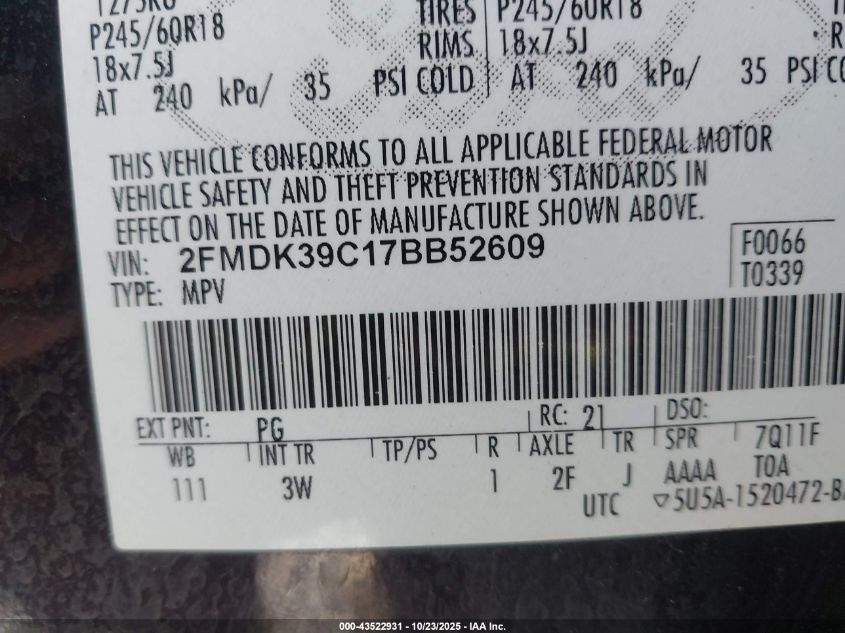 2007 Ford Edge Sel Plus VIN: 2FMDK39C17BB52609 Lot: 43522931