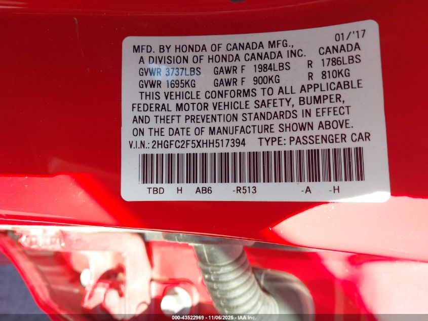 2017 Honda Civic Lx VIN: 2HGFC2F5XHH517394 Lot: 43522969