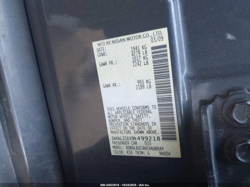 1N4AL21EX9N499218 2009 NISSAN ALTIMA photo no. 9