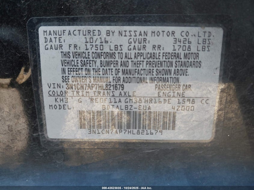 2017 NISSAN VERSA 1.6 SV 3N1CN7AP7HL821679