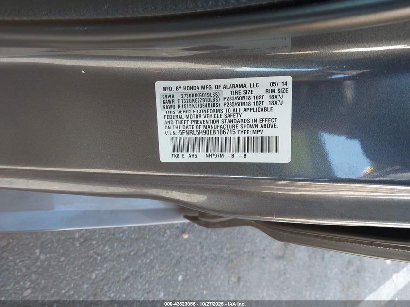 5FNRL5H90EB106715 2014 HONDA ODYSSEY photo no. 9