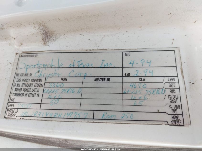 1994 Dodge Ram Van B350 VIN: 2B6JB31Y4RK149757 Lot: 43523060