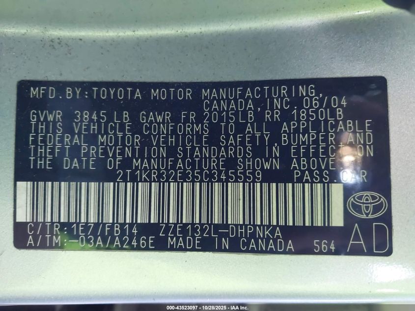 2005 Toyota Matrix Xr VIN: 2T1KR32E35C345559 Lot: 43523097