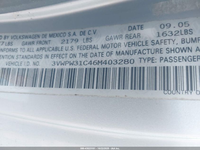 2006 Volkswagen New Beetle 2.5 VIN: 3VWPW31C46M403280 Lot: 43523101