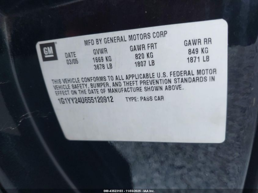 2005 Chevrolet Corvette VIN: 1G1YY24U655120912 Lot: 43523103