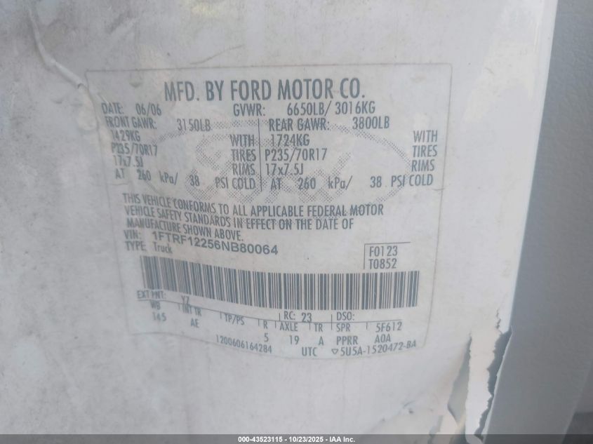 2006 Ford F-150 Stx/Xl/Xlt VIN: 1FTRF12256NB80064 Lot: 43523115