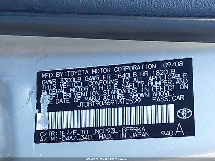 2009 Toyota Yaris VIN: JTDBT903691310529 Lot: 43523187