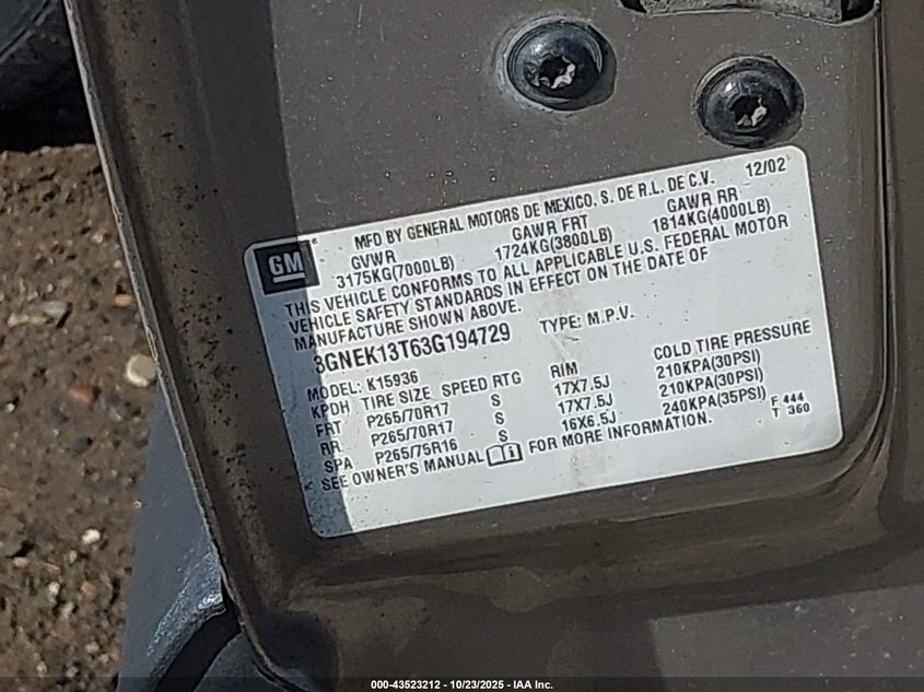 2003 Chevrolet Avalanche 1500 VIN: 3GNEK13T63G194729 Lot: 43523212