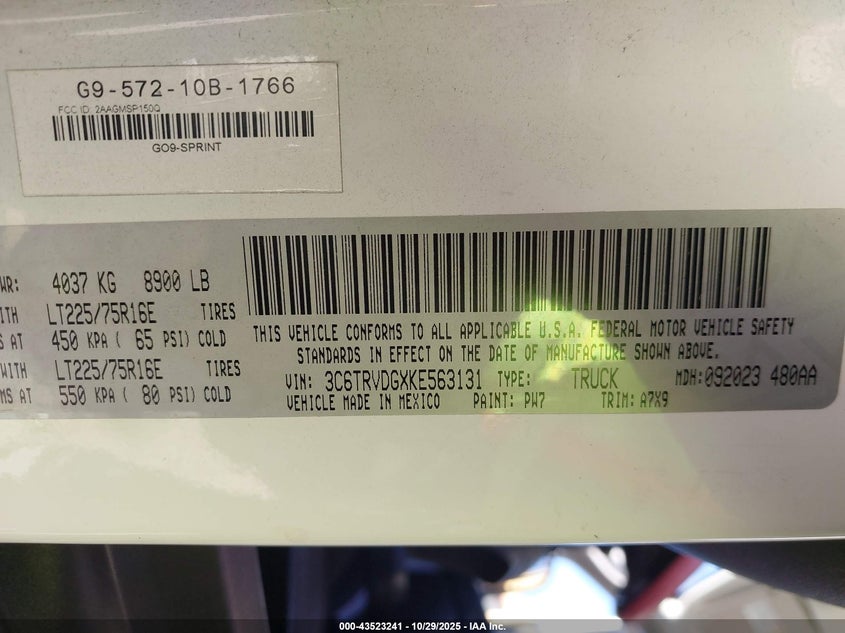 2019 Ram Promaster 2500 High Roof 159 Wb VIN: 3C6TRVDGXKE563131 Lot: 43523241