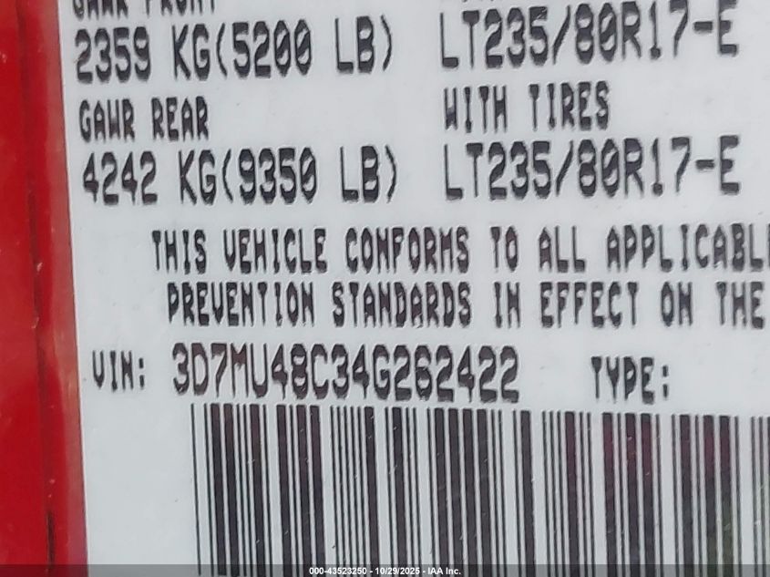 2004 Dodge Ram 3500 Slt/Laramie VIN: 3D7MU48C34G262422 Lot: 43523250