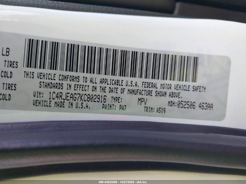2019 Jeep Grand Cherokee Laredo E 4X2 VIN: 1C4RJEAG7KC802916 Lot: 43523258
