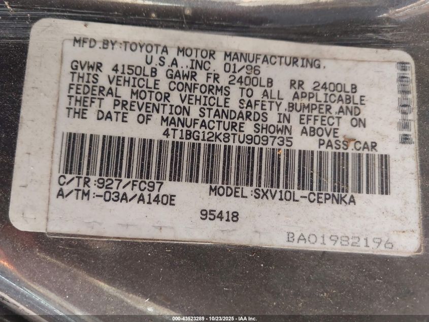 1996 Toyota Camry Dx/Le/Xle VIN: 4T1BG12K8TU909735 Lot: 43523289