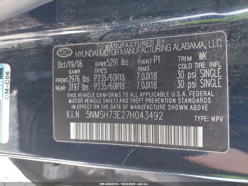2007 Hyundai Santa Fe Limited/Se VIN: 5NMSH73E27H043492 Lot: 43523310