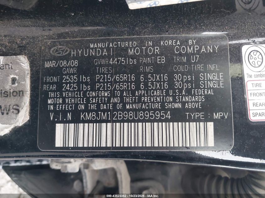 2008 Hyundai Tucson Gls VIN: KM8JM12B98U895954 Lot: 43523352