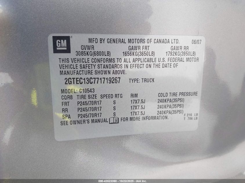 2007 GMC Sierra 1500 Sl VIN: 2GTEC13C771719267 Lot: 43523368