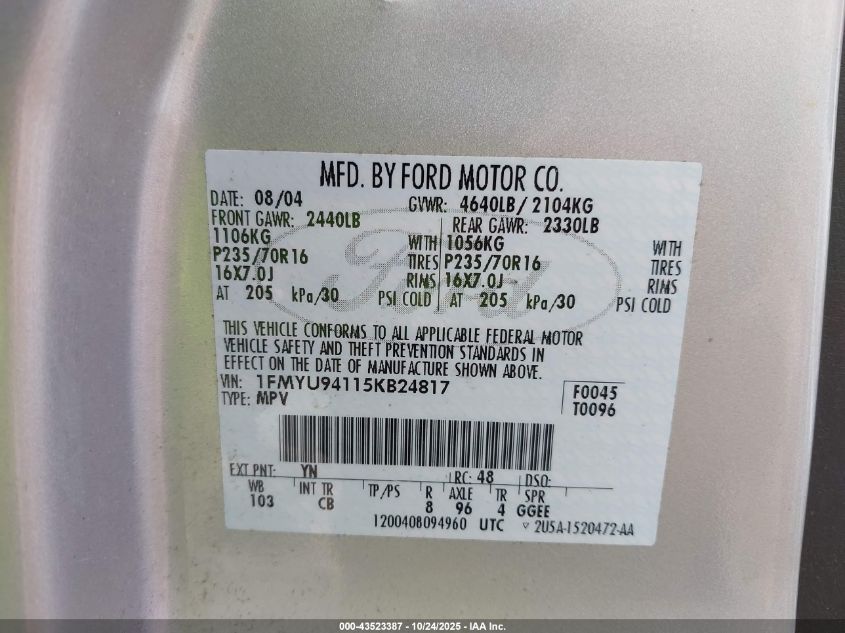 2005 Ford Escape Limited VIN: 1FMYU94115KB24817 Lot: 43523387