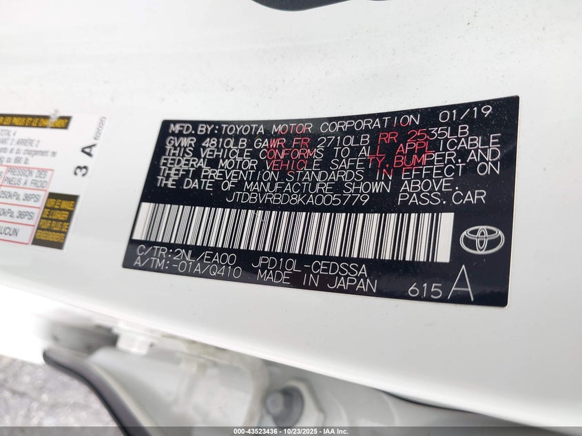 2019 Toyota Mirai VIN: JTDBVRBD8KA005779 Lot: 43523436
