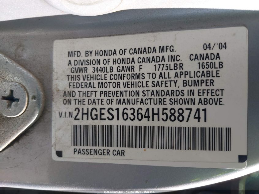 2004 Honda Civic Vp VIN: 2HGES16364H588741 Lot: 43523439