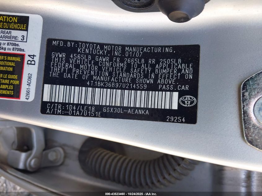 2007 Toyota Avalon Touring VIN: 4T1BK36B97U214559 Lot: 43523460