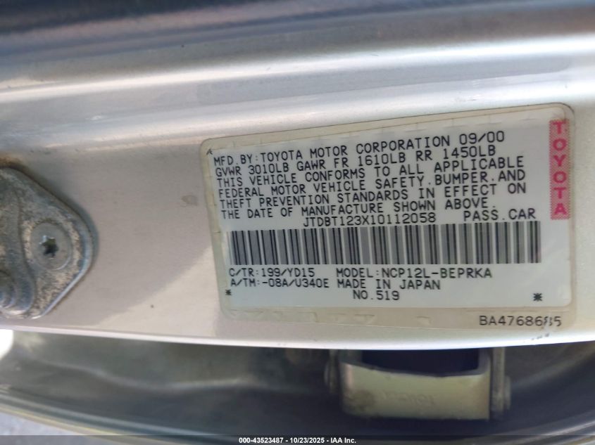 2001 Toyota Echo VIN: JTDBT123X10112058 Lot: 43523487