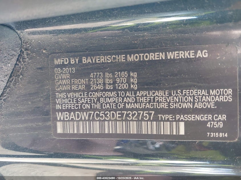 2013 BMW 328I WBADW7C53DE732757