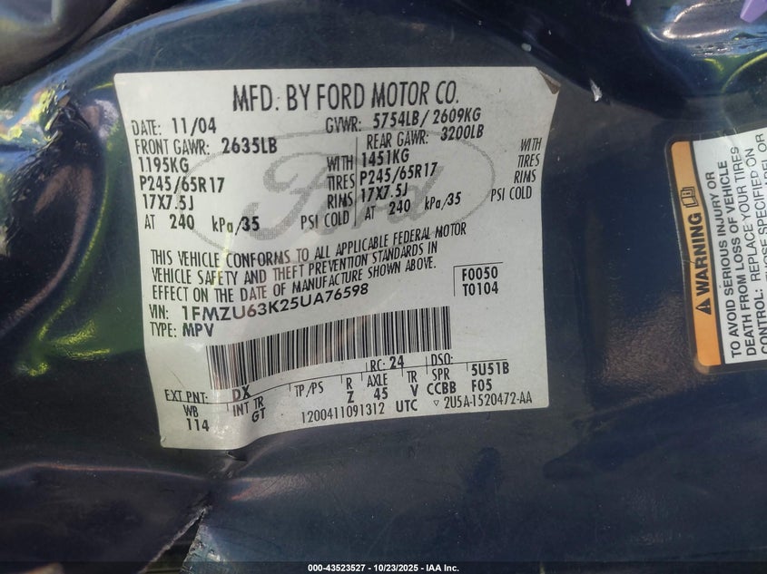 1FMZU63K25UA76598 2005 FORD EXPLORER photo no. 9