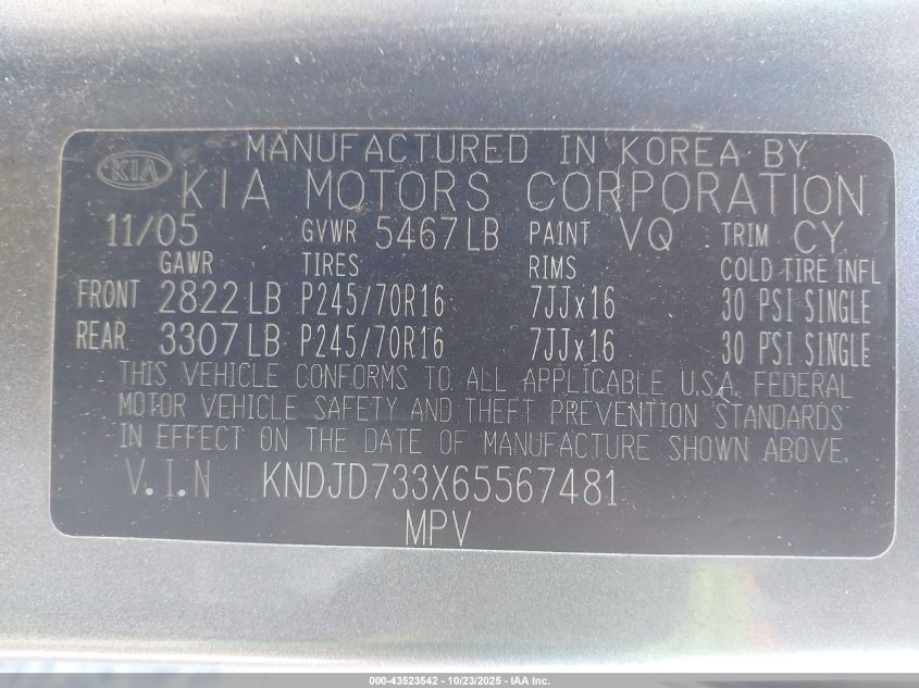 2006 Kia Sorento Ex/Lx VIN: KNDJD733X65567481 Lot: 43523542