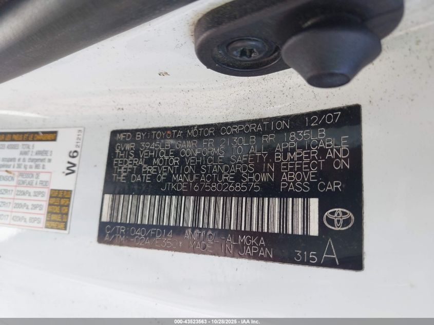 2008 Scion Tc VIN: JTKDE167580268575 Lot: 43523563