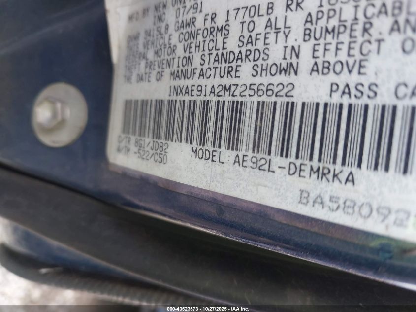 1991 Toyota Corolla VIN: 1NXAE91A2MZ256622 Lot: 43523573