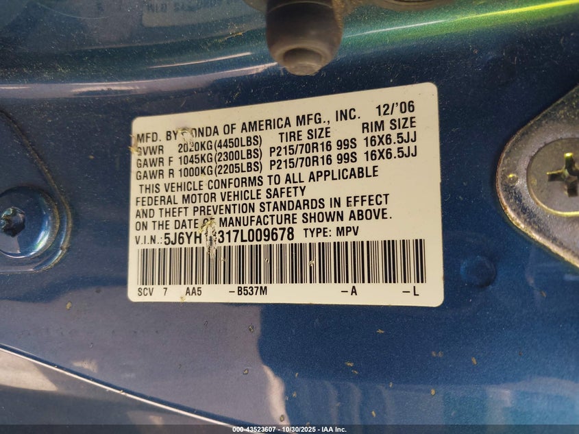 2007 Honda Element Lx VIN: 5J6YH18317L009678 Lot: 43523607
