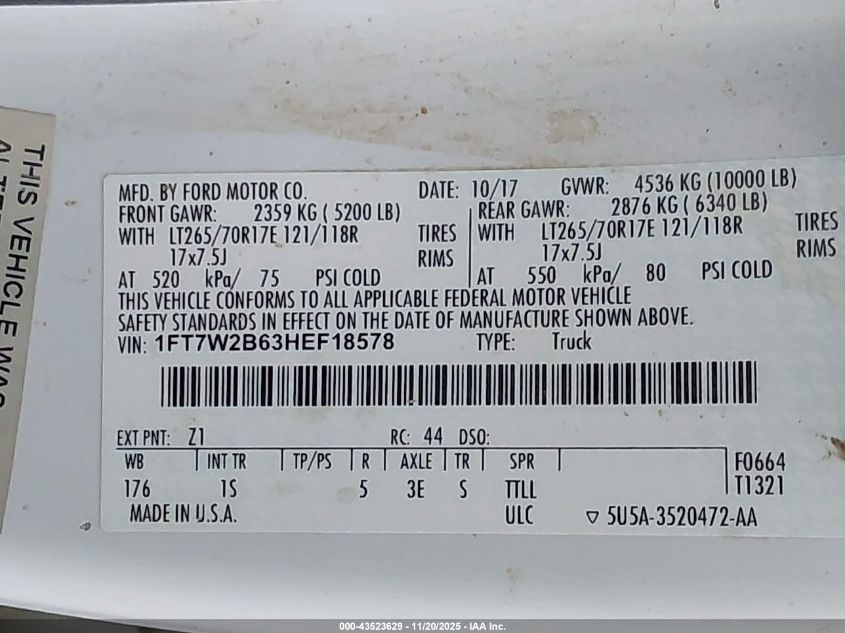 2017 Ford F-250 Xl VIN: 1FT7W2B63HEF18578 Lot: 43523629