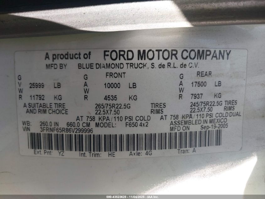 2006 Ford F-650 Xl/Xlt VIN: 3FRNF65R86V299996 Lot: 43523628